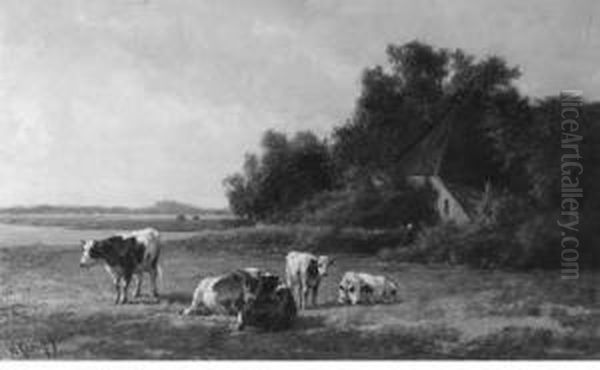 Cows Grazing In A Summer Meadow Oil Painting by Hendrik Savrij