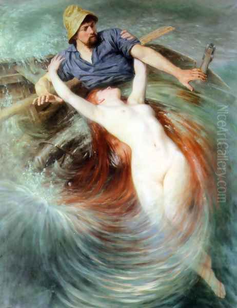 Fisherman Engulfed by a Siren Oil Painting by Knut Ekvall