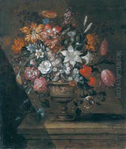 Mazzo Di Fiori In Un Vaso Di Metallo Decorato Oil Painting by Andrea Scaccati