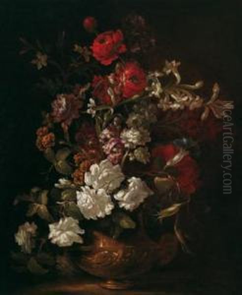 Mazzo Di Fiori In Un Vaso Di Metallo Decorato Oil Painting by Andrea Scaccati