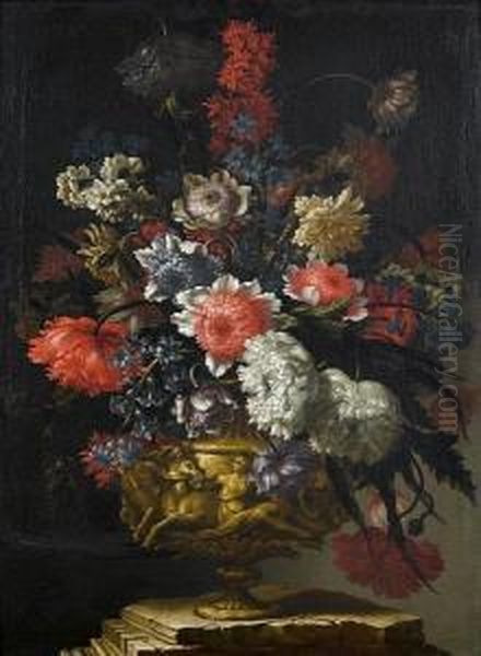 Peonies, Convolvulus And Other 
Flowers In Agolden Vase Decorated With A Classical Low-relief, On A 
Stonepedestal Oil Painting by Andrea Scaccati