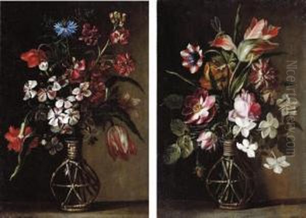 A Cornflower, A Tulip, A 
Carnation And Other Flowers In A Glass Vase On A Stone Ledge; And A 
Tulip, Roses, Jasmine And Other Flowers In A Glass Vase On A Stone 
Ledge, With A Dragonfly Oil Painting by Andrea Scaccati