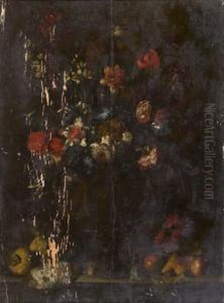 Bouquet De Fleurs Et Fruits Poses Sur Un Entablement Oil Painting by Andrea Scaccati