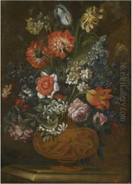 A Still Life With Various Flowers In A Bronze Urn On A Ledge Oil Painting by Andrea Scaccati