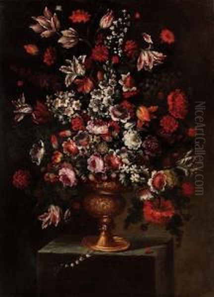 Grande Vaso Metallico Sbalzato 
Su Basamento Roccioso Con Mazzo Di Rose, Tulipani E Altri Fiori Oil Painting by Andrea Scaccati