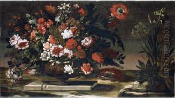 Still Life Of Flowers In A Brass Urn Oil Painting by Andrea Scaccati