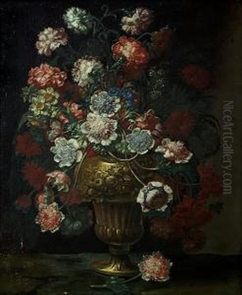 Carnations, Narcissi, Cornflowers, Poppies And Other Flowers In A Bronze Urn On A Ledge Oil Painting by Andrea Scaccati