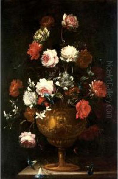 Still Life With Various Flowers In A Gilt Urn On A Stone Ledge Oil Painting by Andrea Scaccati