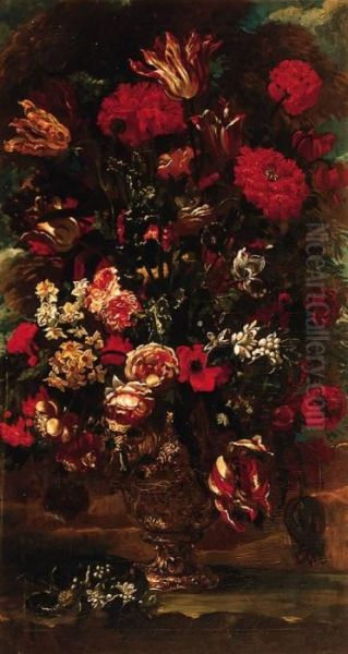 Flowers In A Sculpted Urn In A Landscape Oil Painting by Andrea Scaccati