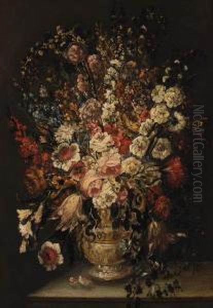 Roses, Carnations, Tulips, And Other Flowers In A Sculpted Urn On Aledge Oil Painting by Andrea Scaccati