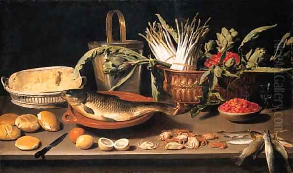 A fish on a terracotta platter with fruits, vegetables and a cheese Oil Painting by Jacob Fopsen van Es