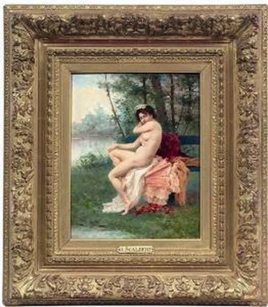 A Female Nude Ona Park Bench Oil Painting by Jules Scalbert