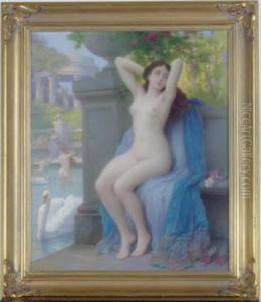 Nude By A Fountain Oil Painting by Jules Scalbert