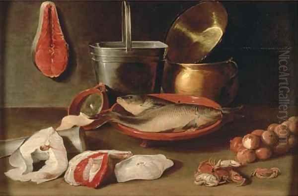 Bream in a stoneware bowl with onion Oil Painting by Jacob Fopsen van Es