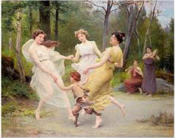 The Three Graces Dancing With A Faun Oil Painting by Jules Scalbert