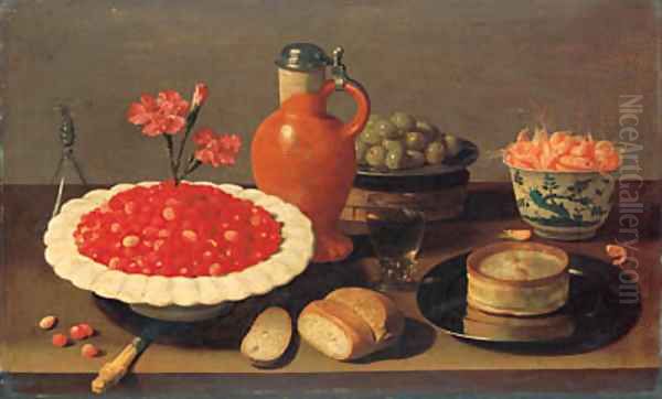 Wild strawberries in a porcelain bowl with carnations Oil Painting by Jacob Fopsen van Es