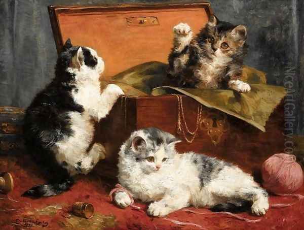 Kittens at Play Oil Painting by Charles van den Eycken