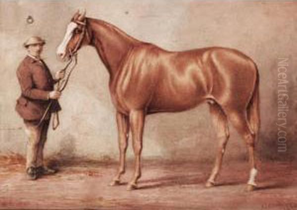 A Chestnut Racehorse In His Stable With His Groom by Robert Richard Scanlan