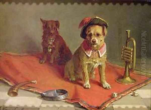 Dog in military hat and collar with trumpet and dice Oil Painting by Charles van den Eycken