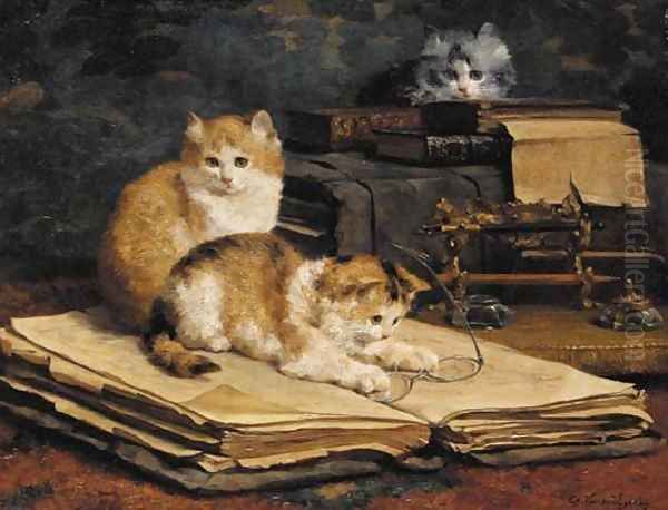 Feline librarians Oil Painting by Charles van den Eycken