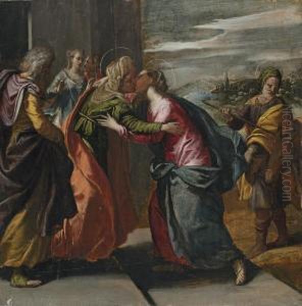 The Visitation Oil Painting by Ippolito Scarsella (see Scarsellino)