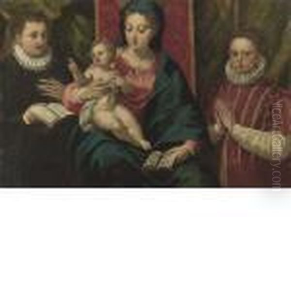 Madonna Col Bambino E Due Devote Oil Painting by Ippolito Scarsella (see Scarsellino)