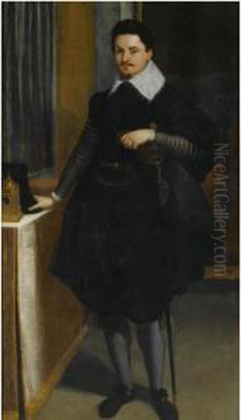 Portrait Of A Gentleman, Full-length, Standing Beside A Table With A Clock Oil Painting by Ippolito Scarsella (see Scarsellino)