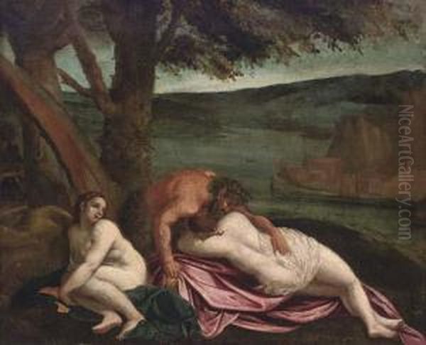 Two Nymphs With A Satyr On A River Bank Oil Painting by Ippolito Scarsella (see Scarsellino)