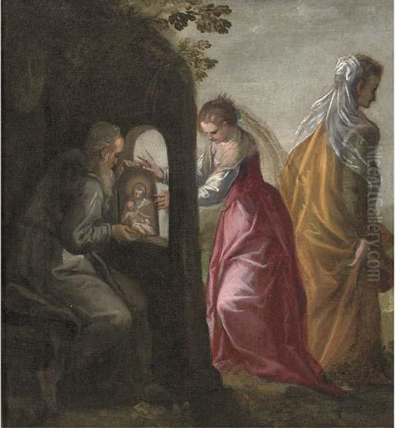 Saint Catherine Of Alexandria Receiving An Icon From A Hermit Oil Painting by Ippolito Scarsella (see Scarsellino)