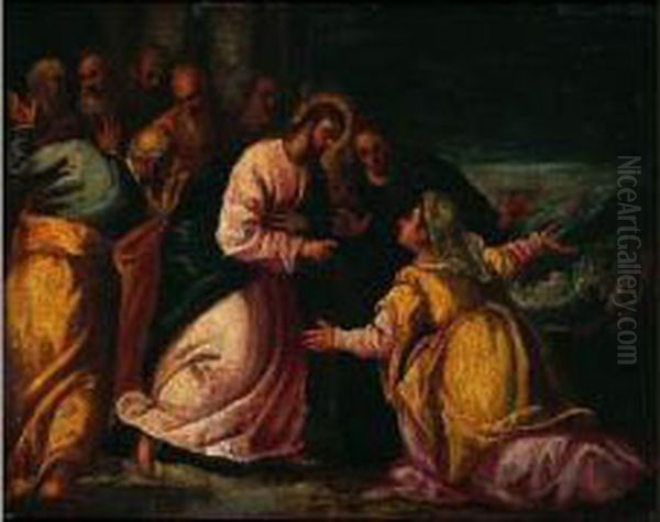 Le Christ Et La Femme Adultere Oil Painting by Ippolito Scarsella (see Scarsellino)