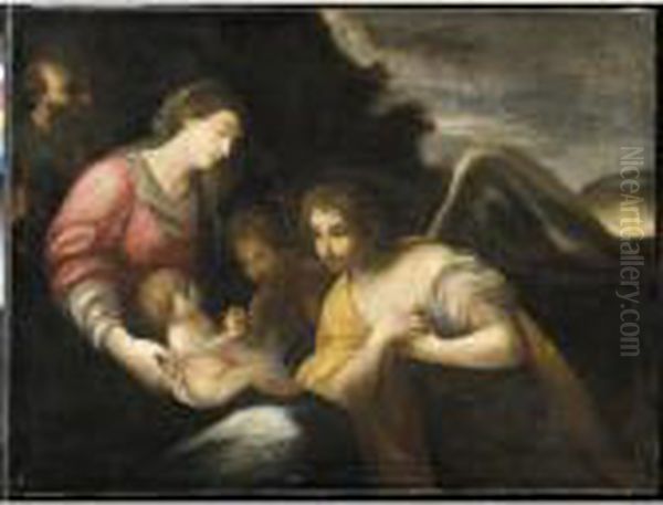 Sacra Famiglia Con San Giovannino E Un Angelo Oil Painting by Ippolito Scarsella (see Scarsellino)