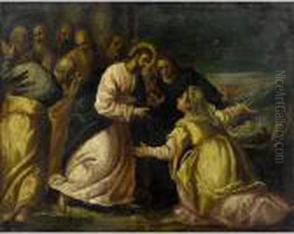 A Biblical Scene, Possibly Christ With Mary And Martha Oil Painting by Ippolito Scarsella (see Scarsellino)