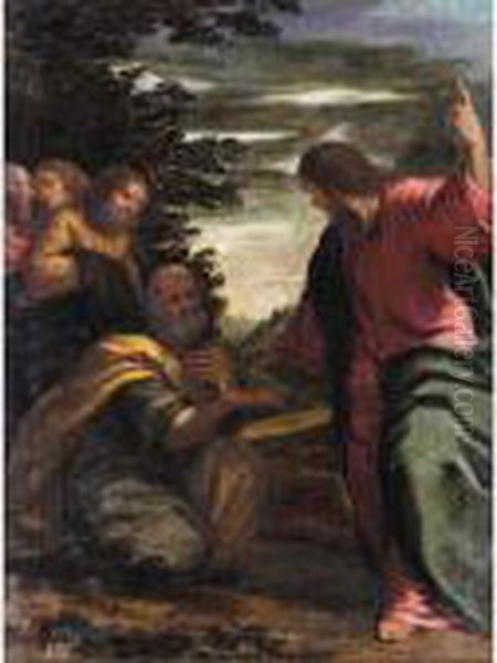 Christ Charging Saint Peter With The Keys Of Heaven Oil Painting by Ippolito Scarsella (see Scarsellino)