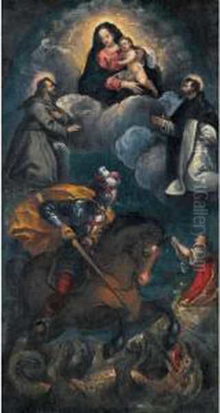 Madonna In Gloria Con San Domenico, San Francesco E San Giorgio Oil Painting by Ippolito Scarsella (see Scarsellino)