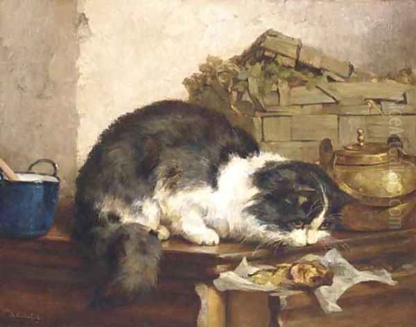 A cat in the kitchen Oil Painting by Charles van den Eycken