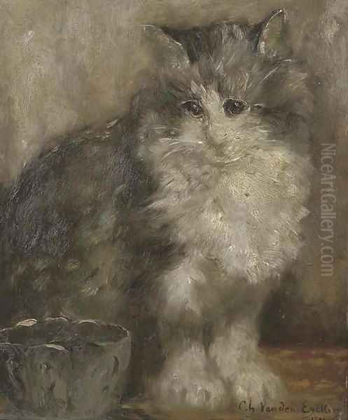 The contented cat Oil Painting by Charles van den Eycken