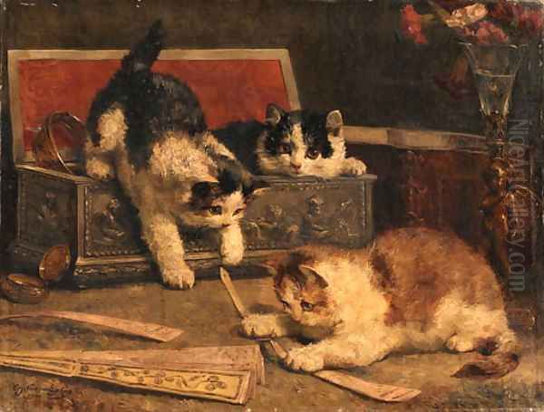 Kittens playing in the jewel box Oil Painting by Charles van den Eycken