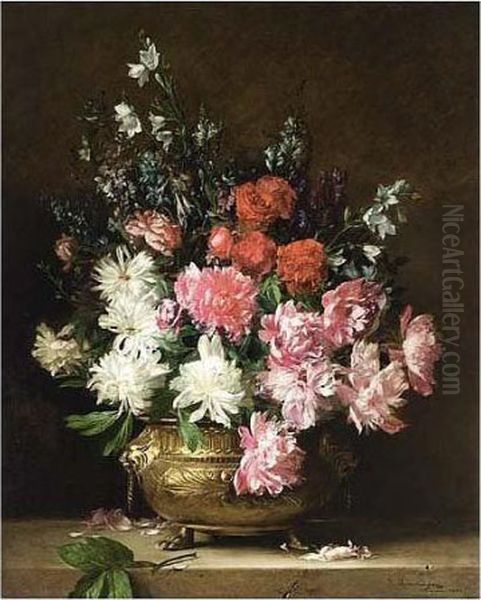 A Flower Still Life With Peonies, Bell-flowers, Aconites And Oil Painting by Gabriel Schachinger