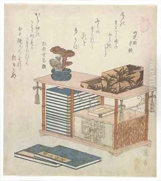 Surimono illustrating a book cabinet Edo period Oil Painting by Keisai Eisen