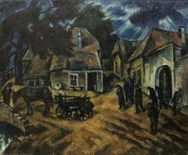 Village Scene Oil Painting by Janos Schadl