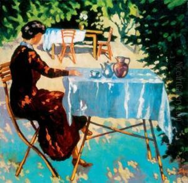 Lady In An Arbour Oil Painting by Janos Schadl