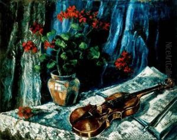 Still Life With A Violin In Front Of Blue Background by Janos Schadl