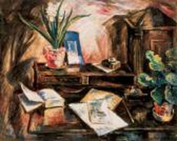 Desk Still Life With A Hyacinthe Oil Painting by Janos Schadl