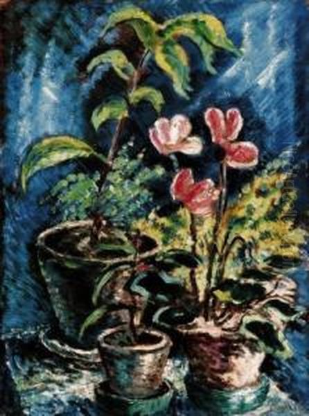 Still - Life With Cyclamen Oil Painting by Janos Schadl