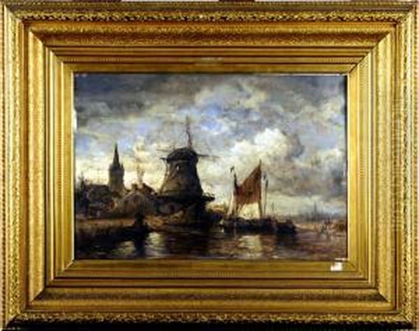 Village Portuaire Avec Moulin. Oil Painting by Hendrik Frans Schaefels