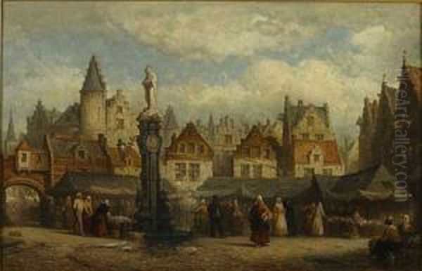 De Oude Vismarkt Te Antwerpen. Oil Painting by Hendrik Frans Schaefels