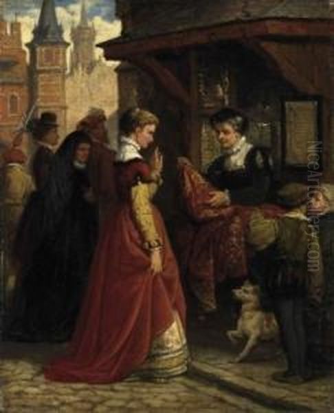 At The Fabric Merchant. Signed And Dated Lower Left: Hendrik F. Schaefels 1870 Oil Painting by Hendrik Frans Schaefels