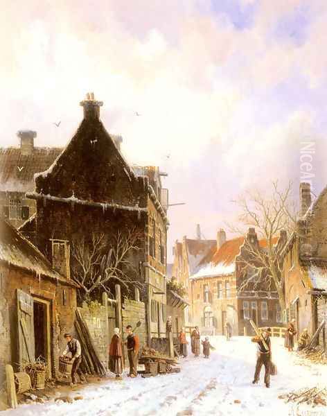 A Village Street Scene in Winter Oil Painting by Adrianus Eversen