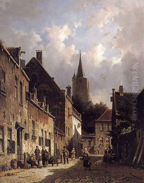 A Dutch Street Scene Oil Painting by Adrianus Eversen