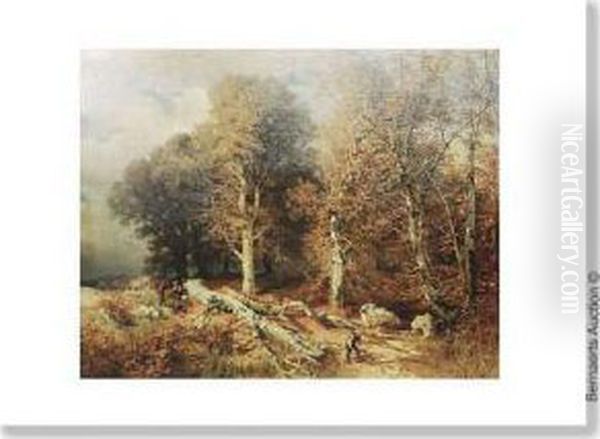 Lumberjacks Atthe Fringe Of The Woods Oil Painting by August Schaeffer von Wienwald